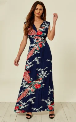 Navy Peacock Floral Summer Maxi Dress