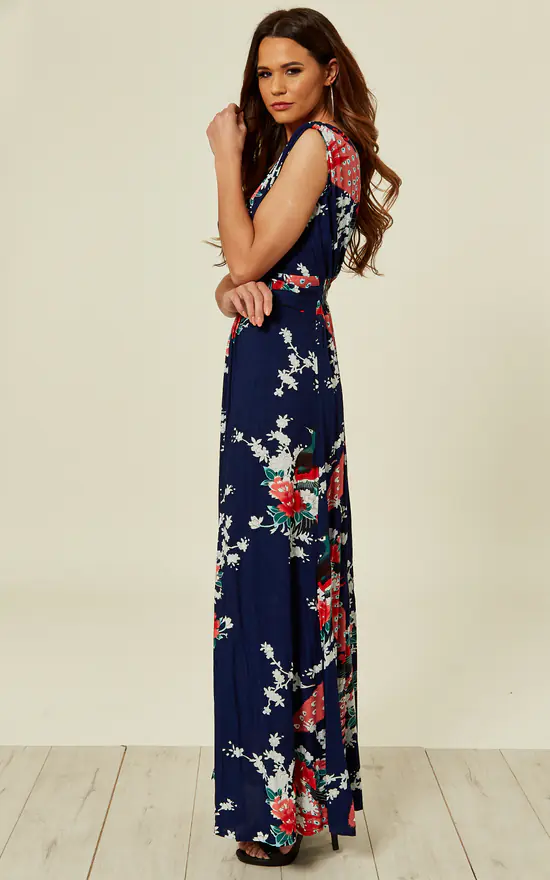 Navy Peacock Floral Summer Maxi Dress - Image 2