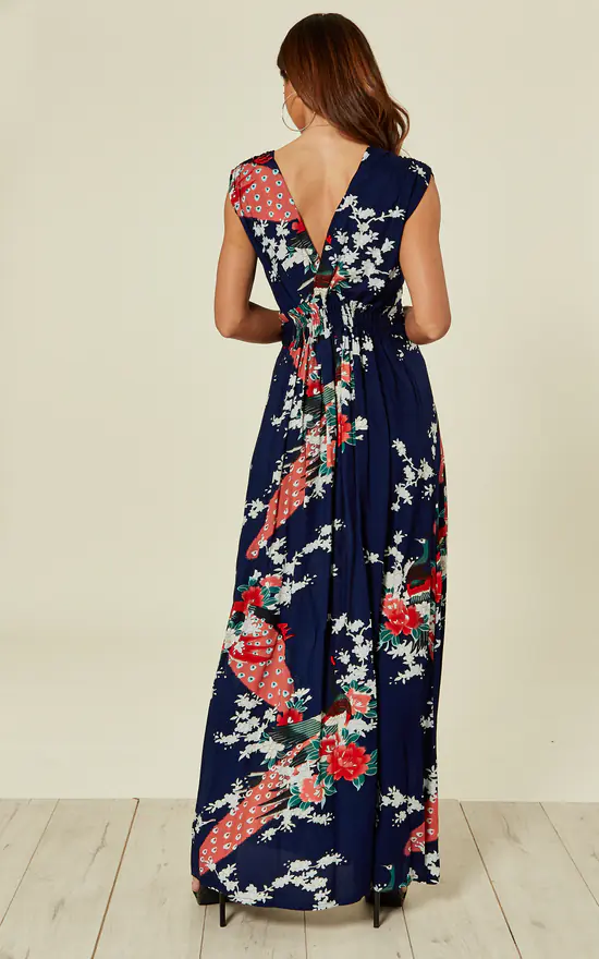 Navy Peacock Floral Summer Maxi Dress - Image 3