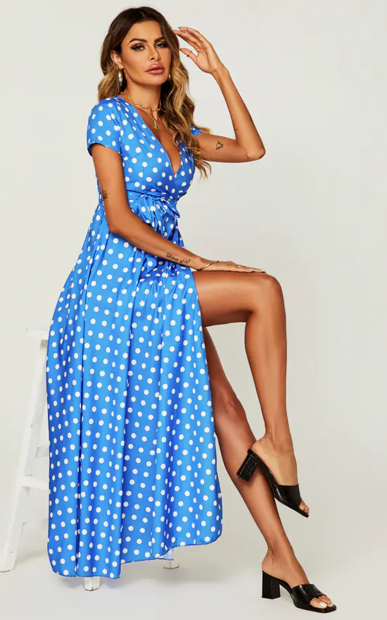 Polka Dot Print High Waist Wrap Dress In Royal Blue - Image 2