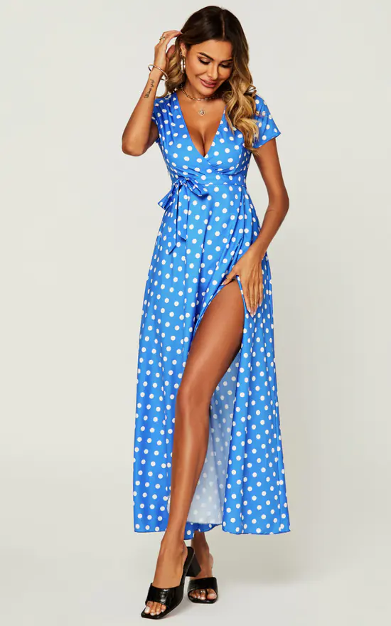 Polka Dot Print High Waist Wrap Dress In Royal Blue - Image 3