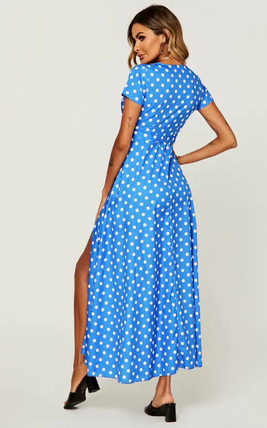 Polka Dot Print High Waist Wrap Dress In Royal Blue - Image 4