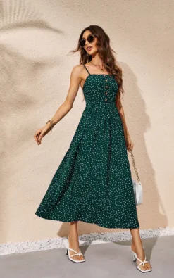 Polka Dot Button Down Strappy Maxi Dress In Dark Green