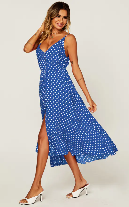 Button Down High Low Strappy Dress In Blue & White Polka Dot - Image 2