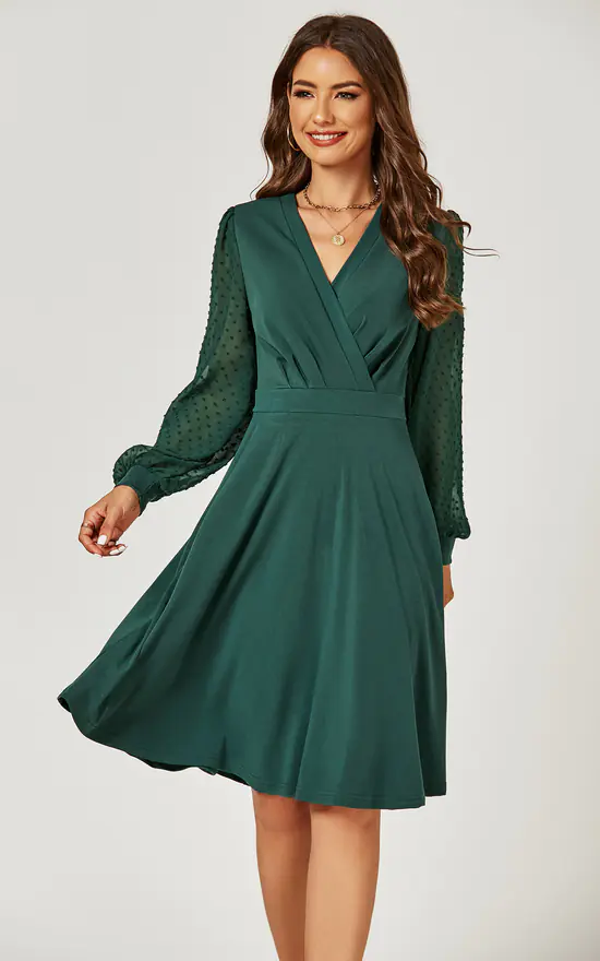 Long Lace Sleeve Wrap Style Dress In Green - Image 3