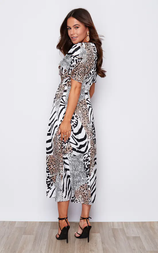 Britney Angel Sleeve Split Leg Midi Dress White Animal Print - Image 4