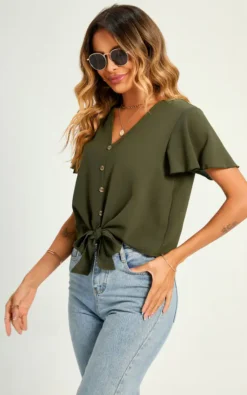 Cute Tie Knot Front Buttoned Crop T Shirt Top In Olive Green