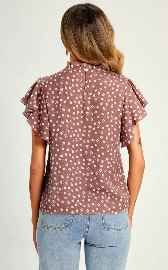 Little Flora Print Frill Angel Sleeve High Neck Top/Blouse In Brown - Image 2
