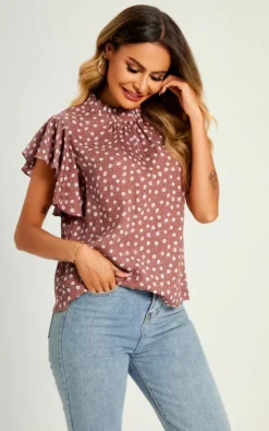 Little Flora Print Frill Angel Sleeve High Neck Top/Blouse In Brown