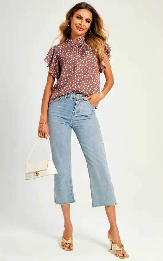 Little Flora Print Frill Angel Sleeve High Neck Top/Blouse In Brown - Image 3