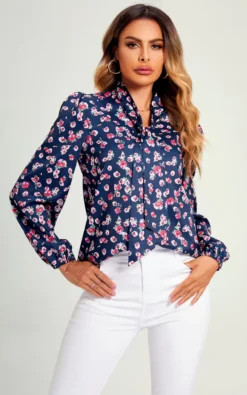 Chic Tie Front Shirt In Navy Flora Print