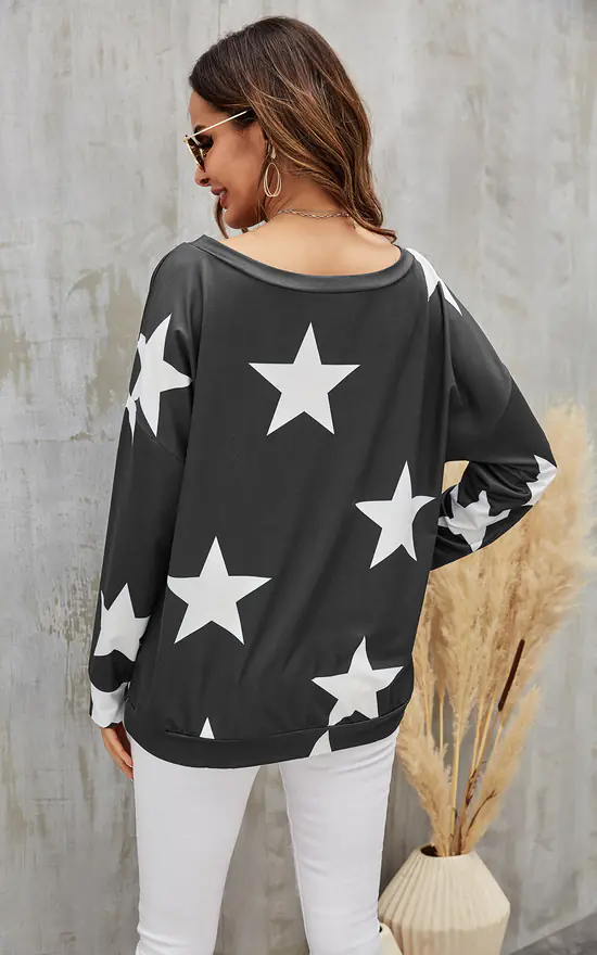 Oversized Star Print Top In Charcoal Grey - Image 2
