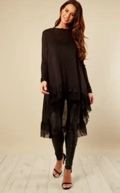 Black Oversized Top With Ruffle Hem