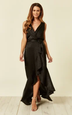 Wrap Front Satin Maxi Dress In Black