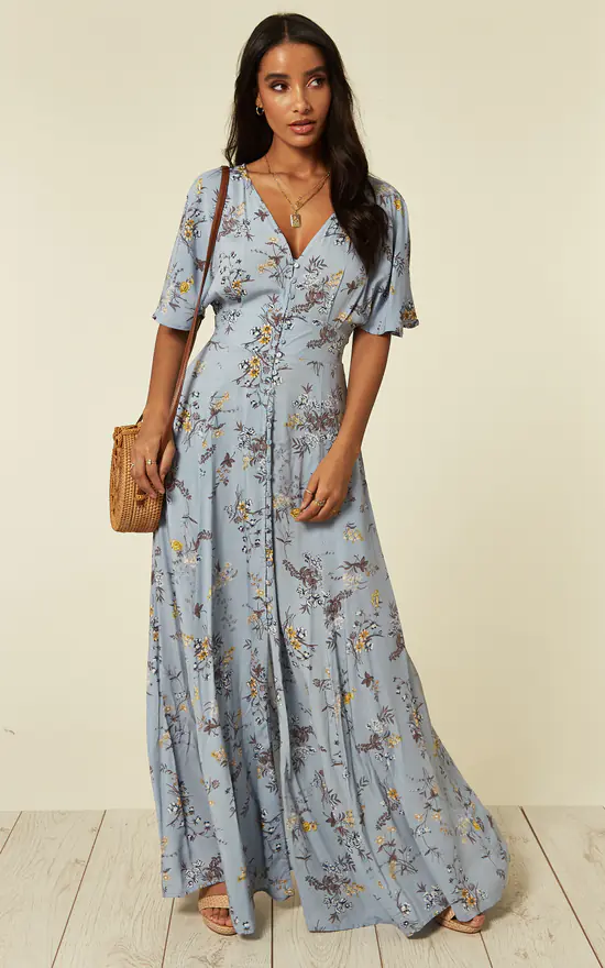 Kayla – Button Through Blue Maxi Dress - Image 2