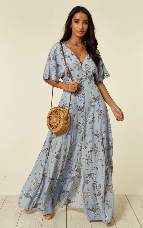 Kayla – Button Through Blue Maxi Dress