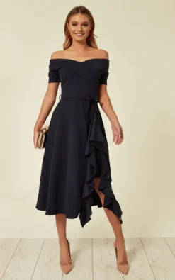 Exclusive Bardot Off Shoulder Frill Midi Dress Navy