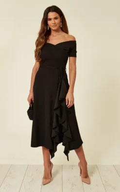 Exclusive Bardot Off Shoulder Frill Midi Dress Black