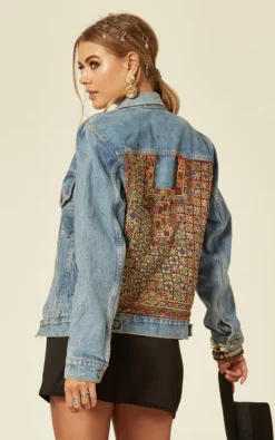 Denim Jacket With Embroidery On Back In Mid Wash