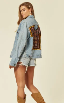 Denim Jacket With Embroidery On Back In Light Wash