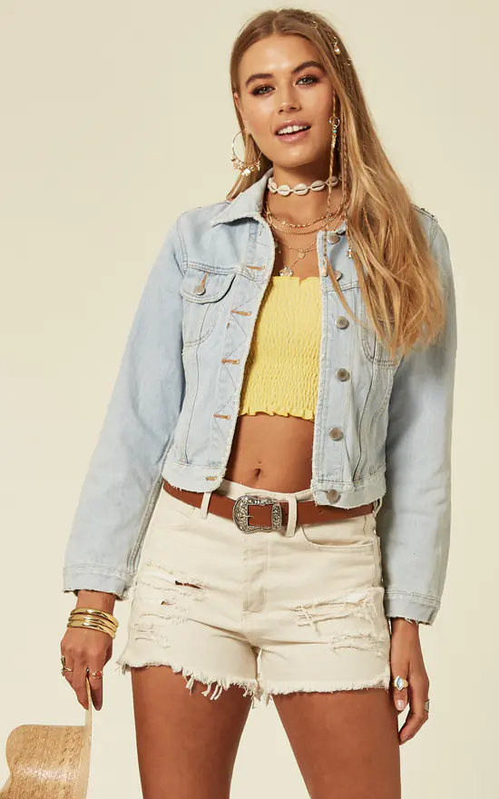 Cropped Light Wash Denim Jacket With Embroidery And Mirror Embellishments - Image 4