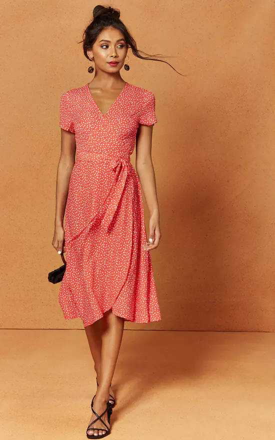 Penelope Wrap Midi Dress In Red Ditsy Print - Image 2