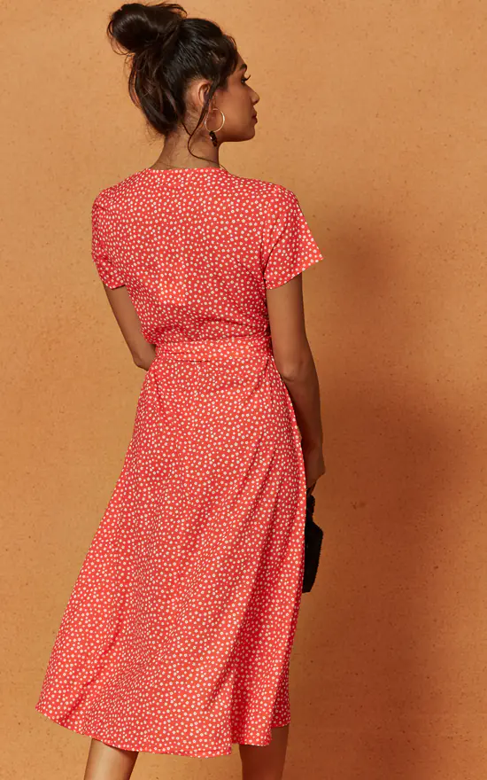 Penelope Wrap Midi Dress In Red Ditsy Print - Image 3