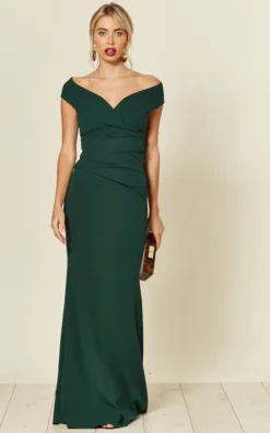 Bardot Pleated Occasion Maxi Dress In Emerald Green