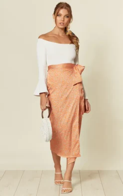 Satin Midi Wrap Skirt In Orange/Gold Leopard Print