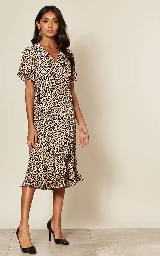 Short Sleeve Wrap Midi Dress In Leopard Print - Image 3