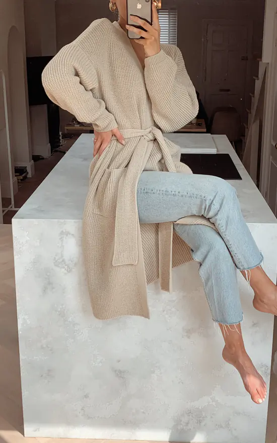 Arden Midi Tie Cardigan Light Beige - Image 4