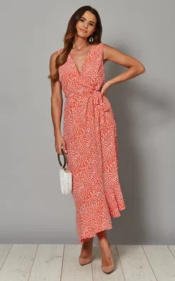 Fiona Asymmetric Wrap Front Maxi Dress In Red Print