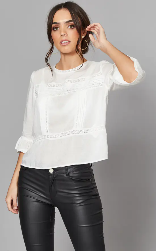 ONLY 3/4 Flared Sleeve Top With Detail In White - Image 3