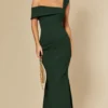 Emerald Green Off The Shoulder Maxi Dress With Pleated Waist