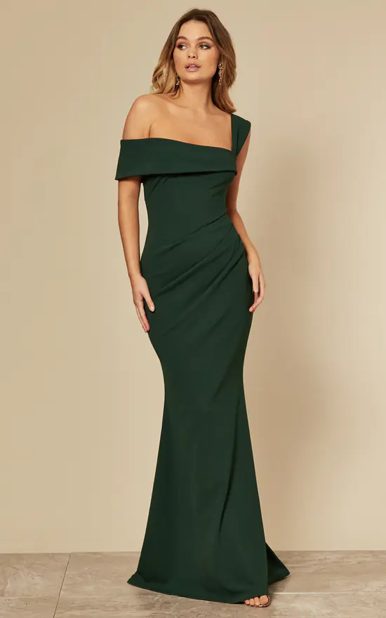Emerald Green Off The Shoulder Maxi Dress With Pleated Waist - Image 2