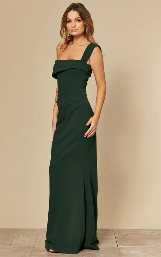 Emerald Green Off The Shoulder Maxi Dress With Pleated Waist - Image 3