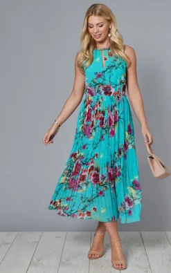 Eshal Keyhole Tie Neck Pleated Floral Midi Dress