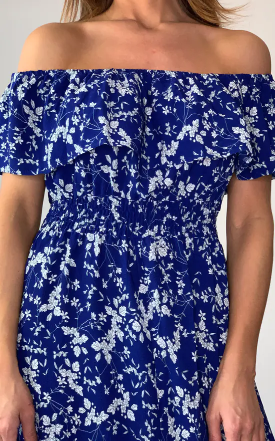 Blue And White Flower Bardot High Low Maxi Dress - Image 4