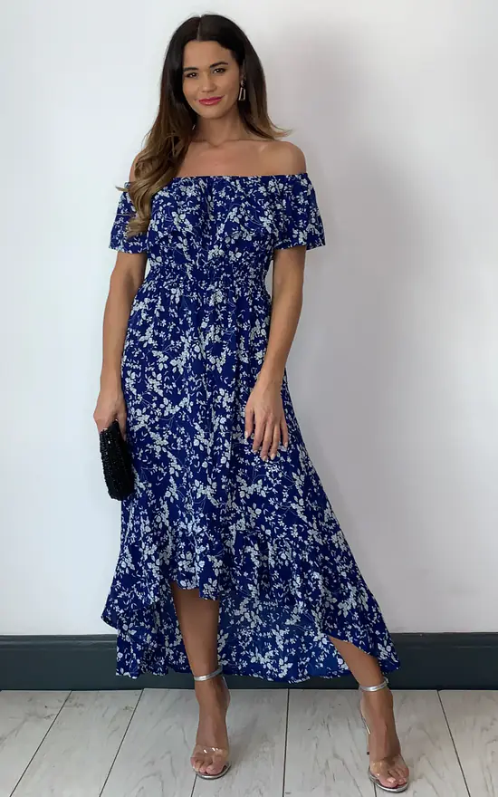 Blue And White Flower Bardot High Low Maxi Dress