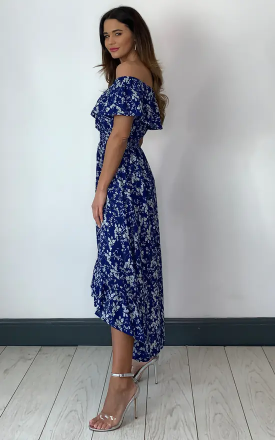 Blue And White Flower Bardot High Low Maxi Dress - Image 3