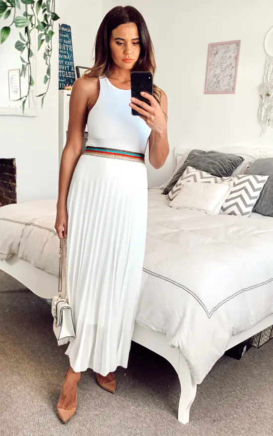 White Pleated Maxi Skirt With Rainbow Elasticated Waistband - Image 2