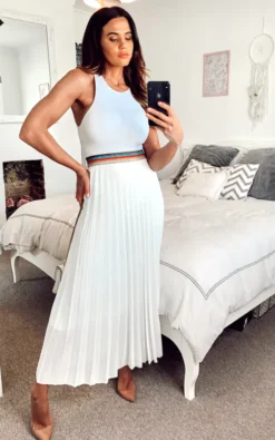 White Pleated Maxi Skirt With Rainbow Elasticated Waistband
