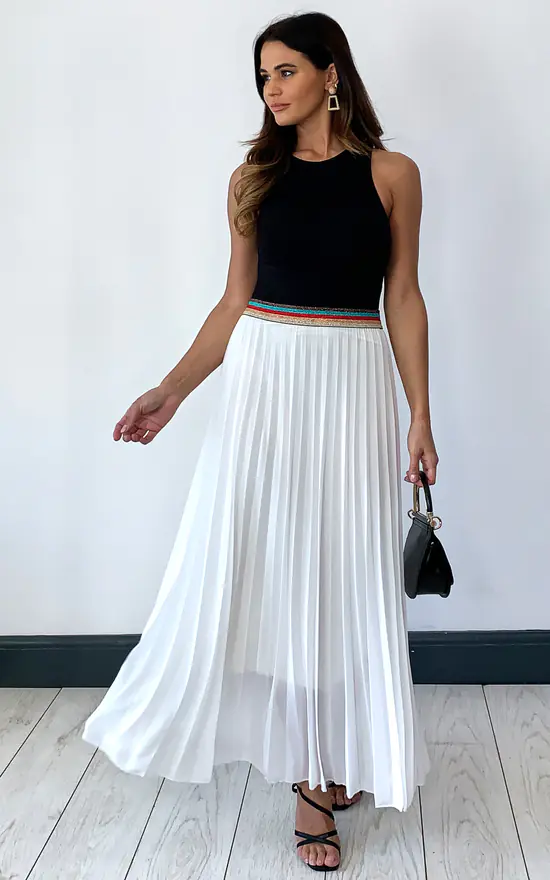 White Pleated Maxi Skirt With Rainbow Elasticated Waistband - Image 3