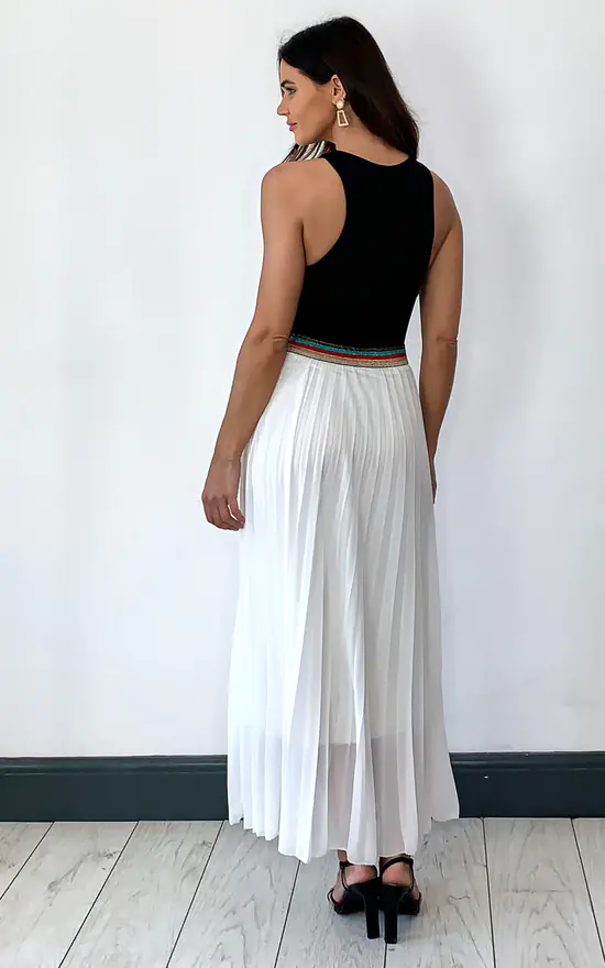 White Pleated Maxi Skirt With Rainbow Elasticated Waistband - Image 4