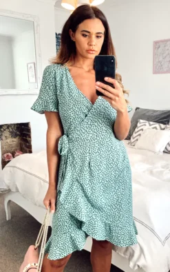 ONLY Short Sleeve Wrap Dress With Frill Hem In Green With Black Spot