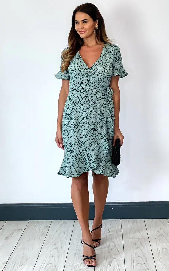 ONLY Short Sleeve Wrap Dress With Frill Hem In Green With Black Spot - Image 3