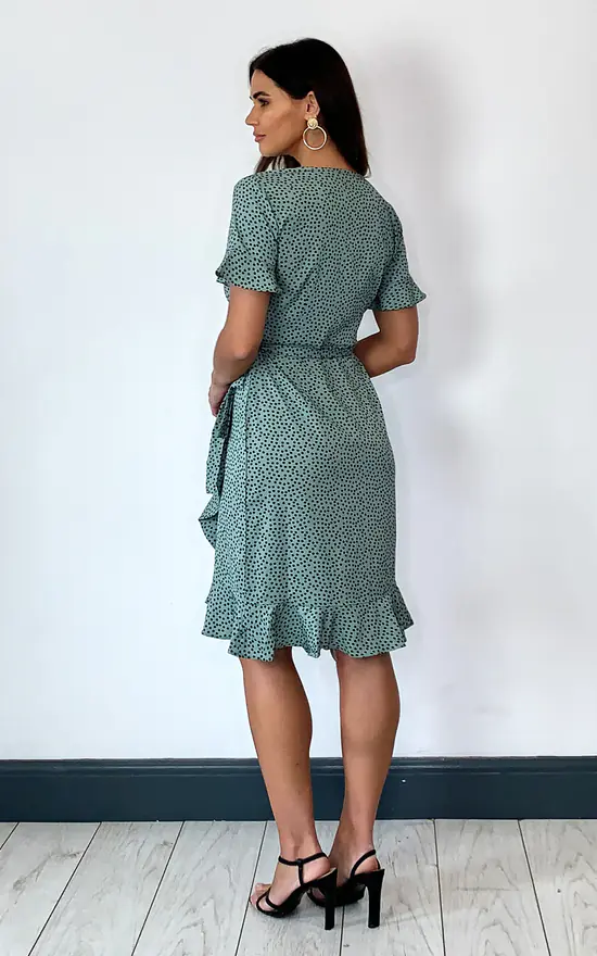 ONLY Short Sleeve Wrap Dress With Frill Hem In Green With Black Spot - Image 4