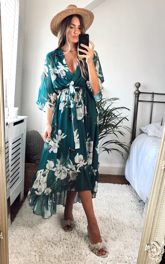 Kimono Wrap Floral Dress Dark Green