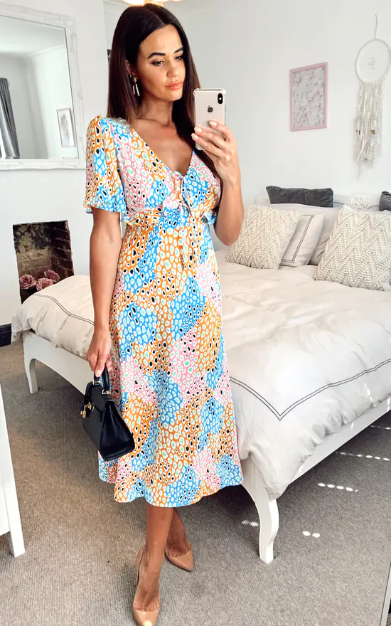 V Neck Maxi Dress With Frill Detail In Multicoloured Leopard Print - Image 2