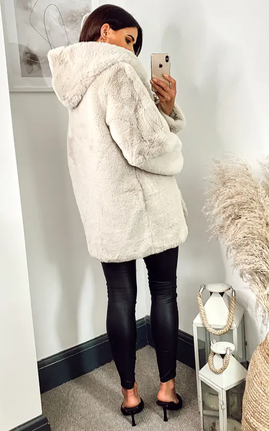 Stone Hooded Faux Fur Jacket - Image 3